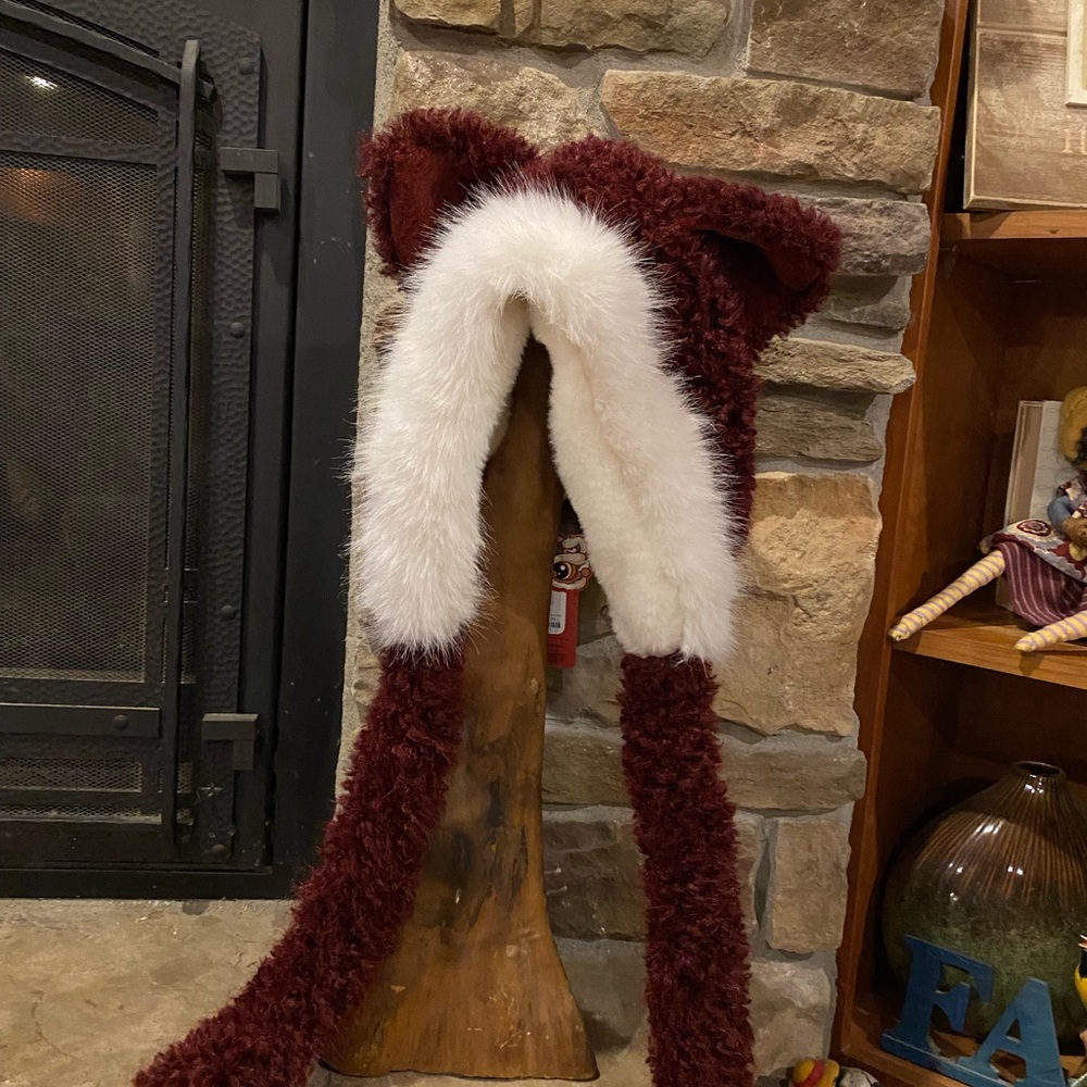 Fuzzy Burgundy and White Bear Hat
